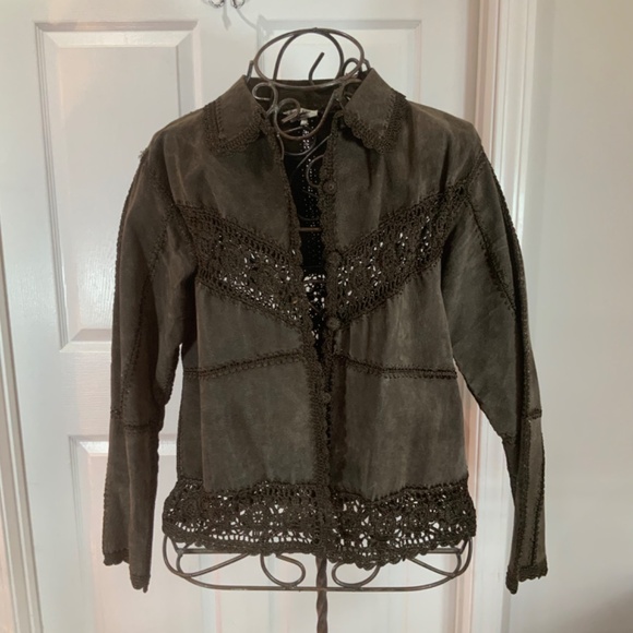 Carducci Suede Brown Crochet Chic Boho Jacket Size Large - Picture 8 of 8